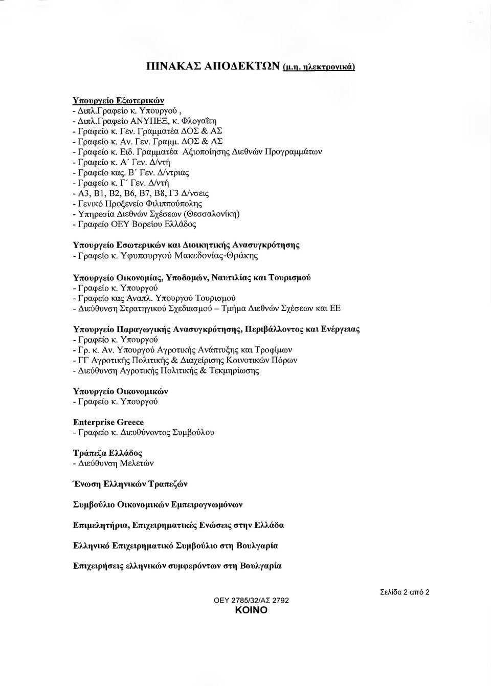 /ντή - Α3, Β1, Β2, Β6, Β7, Β8, Γ3 /νσεις - Γενικό Προξενείο Φιλιππούπολης - Υπηρεσία ιεθνών Σχέσεων (Θεσσαλονίκη) - Γραφείο ΟΕΥ Βορείου Ελλάδος Υπουργείο Εσωτερικών και ιοικητικής Ανασυγκρότησης -