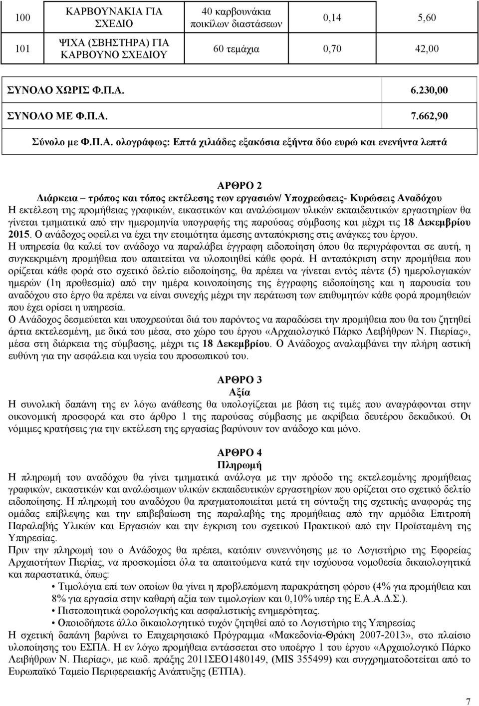 ολογράφως: Επτά χιλιάδες εξακόσια εξήντα δύο ευρώ και ενενήντα λεπτά ΑΡΘΡΟ 2 Διάρκεια τρόπος και τόπος εκτέλεσης των εργασιών/ Υποχρεώσεις- Κυρώσεις Αναδόχου Η εκτέλεση της προμήθειας γραφικών,