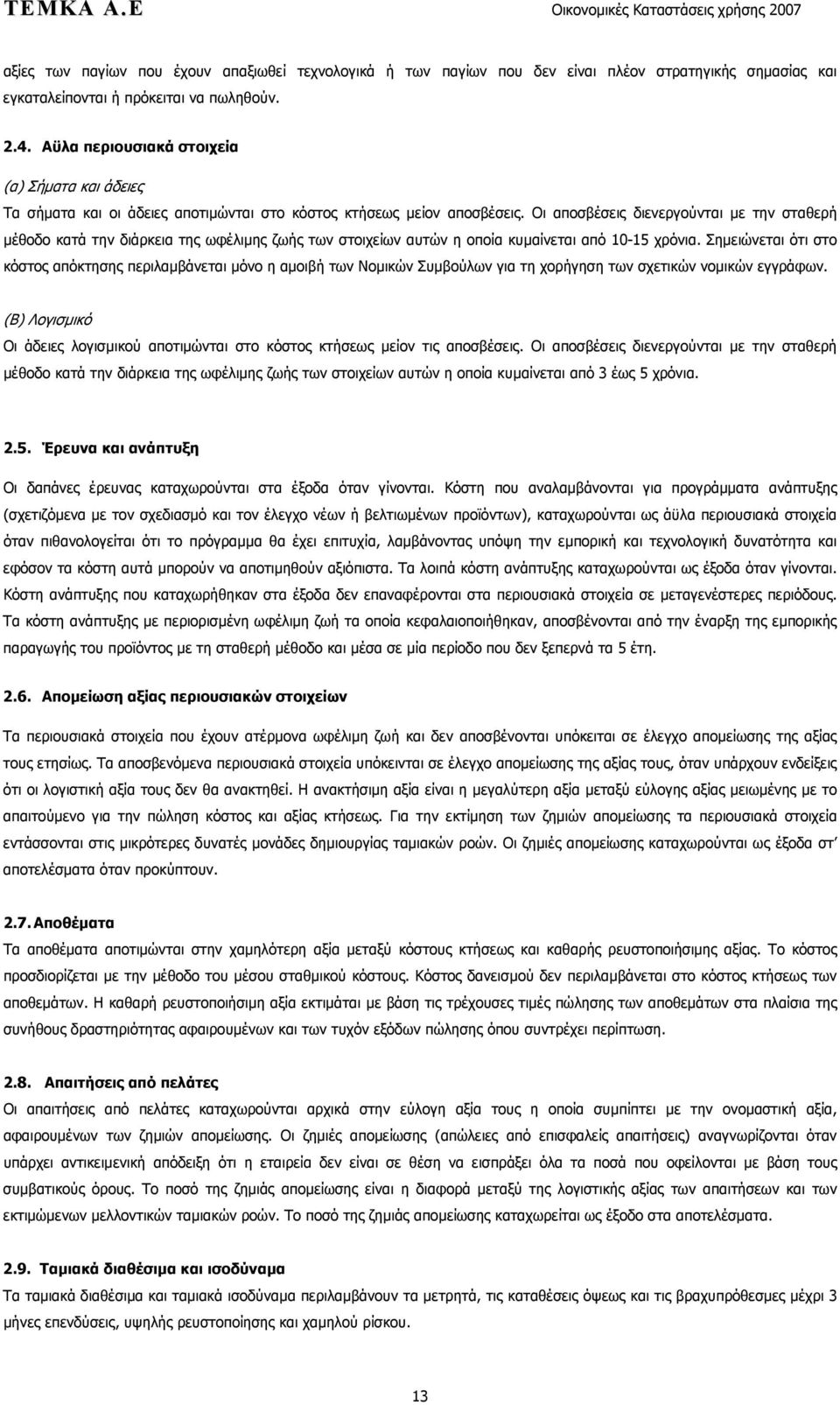 Οι αποσβέσεις διενεργούνται με την σταθερή μέθοδο κατά την διάρκεια της ωφέλιμης ζωής των στοιχείων αυτών η οποία κυμαίνεται από 10-15 χρόνια.