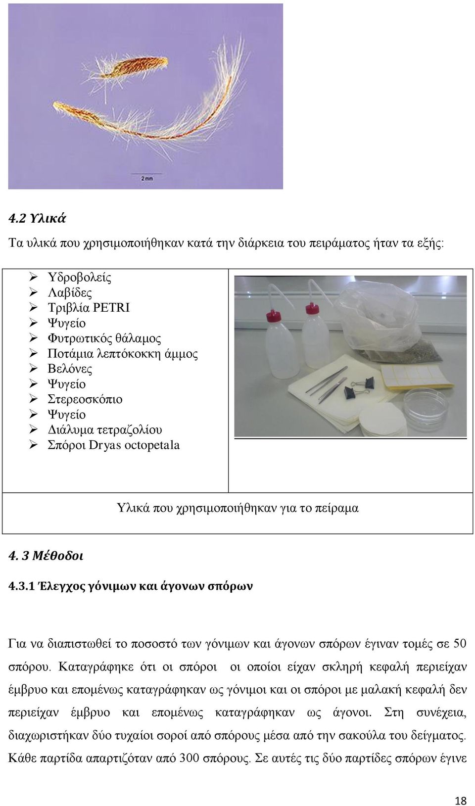 Μέθοδοι 4.3.1 Έλεγχος γόνιμων και άγονων σπόρων Για να διαπιστωθεί το ποσοστό των γόνιμων και άγονων σπόρων έγιναν τομές σε 50 σπόρου.