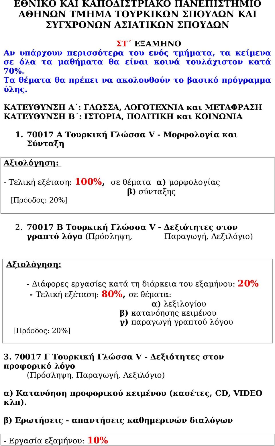 70017 Α Τουρκική Γλώσσα V - Μορφολογία και Σύνταξη - Τελική εξέταση: 100%, σε θέματα α) μορφολογίας β) σύνταξης 2.