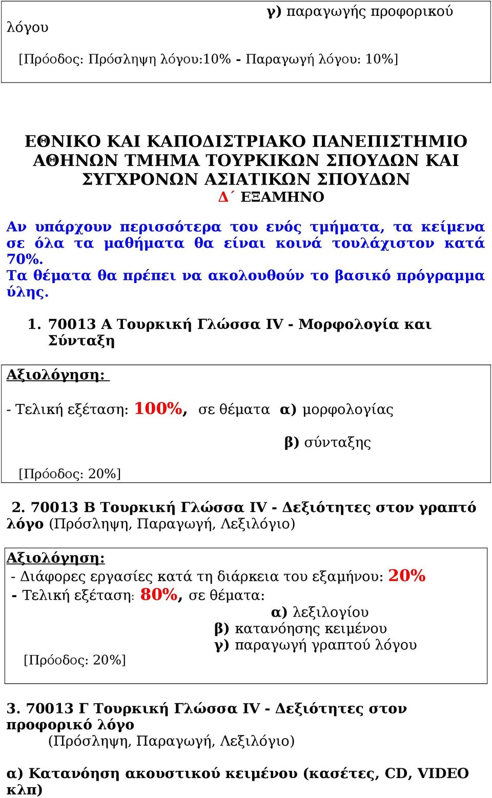 70013 Α Τουρκική Γλώσσα IV - Μορφολογία και Σύνταξη - Τελική εξέταση: 100%, σε θέματα α) μορφολογίας β) σύνταξης 2.
