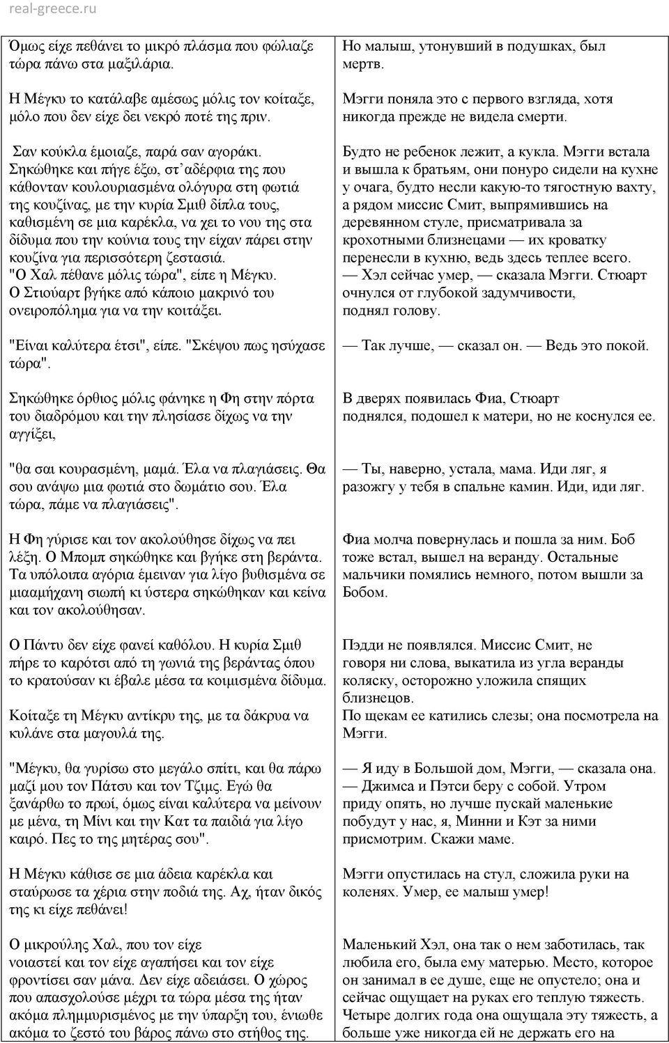 τους την είχαν πάρει στην κουζίνα για περισσότερη ζεστασιά. "Ο Χαλ πέθανε μόλις τώρα", είπε η Μέγκυ. Ο Στιούαρτ βγήκε από κάποιο μακρινό του ονειροπόλημα για να την κοιτάξει.