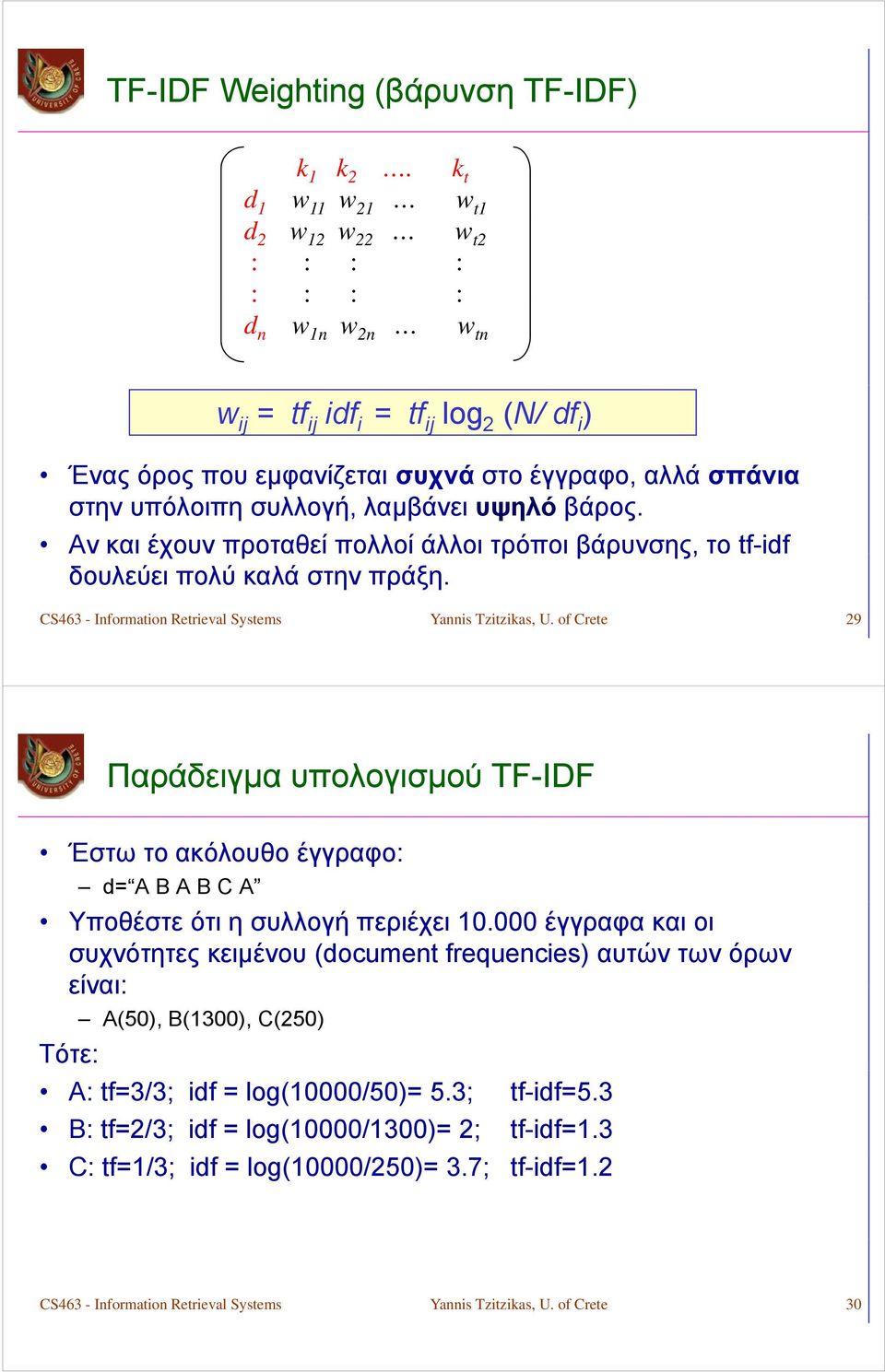 υψηλό βάρος. Αν και έχουν προταθεί πολλοί άλλοι τρόποι βάρυνσης, το tf-idf δουλεύει πολύ καλά στην πράξη. CS463 - Information Retrieval Systems Yannis Tzitzikas, U.