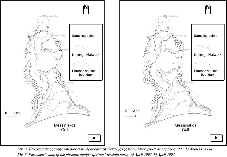 3 Πιεζοµετρικός χάρτης του φρεάτιου υδροφορέα της λεκάνης της Κάτω Μεσσηνίας: a) Απρίλιος 1993, b)