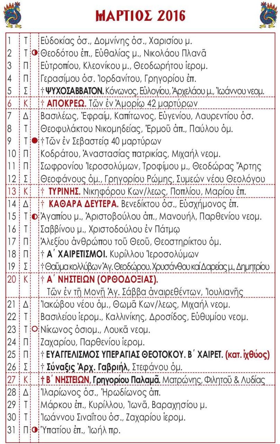 , Παύλου ὁμ. 9 Τ Τῶν ἐν Σεβαστείᾳ 40 μαρτύρων 10 Π Κοδράτου, Ἀναστασίας πατρικίας, Μιχαήλ νεομ. 11 Π Σωφρονίου Ἱεροσολύμων, Τροφίμου μ., Θεοδώρας Ἄρτης 12 Σ Θεοφάνους ὁμ.