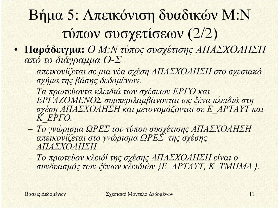 Τα πρωτεύοντα κλειδιά των σχέσεων ΕΡΓΟ και ΕΡΓΑΖΟΜΕΝΟΣ συμπεριλαμβάνονται ως ξένα κλειδιά στη σχέση ΑΠΑΣΧΟΛΗΣΗ και μετονομάζονται σε Ε_ΑΡΤΑΥΤ και Κ_ΕΡΓΟ.