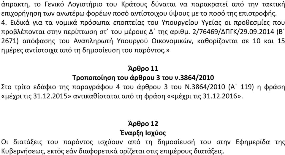 2014 (Β 2671) απόφασης του Αναπληρωτή Υπουργού Οικονομικών, καθορίζονται σε 10 και 15 ημέρες αντίστοιχα από τη δημοσίευση του παρόντος.» Άρθρο 11 Τροποποίηση του άρθρου 3 του ν.