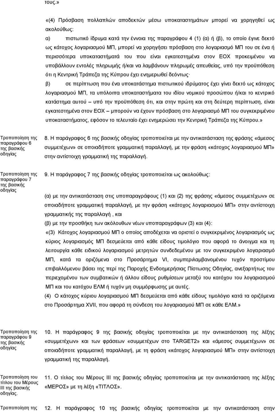 λαμβάνουν πληρωμές απευθείας, υπό την προϋπόθεση ότι η Κεντρική Τράπεζα της Κύπρου έχει ενημερωθεί δεόντως β) σε περίπτωση που ένα υποκατάστημα πιστωτικού ιδρύματος έχει γίνει δεκτό ως κάτοχος