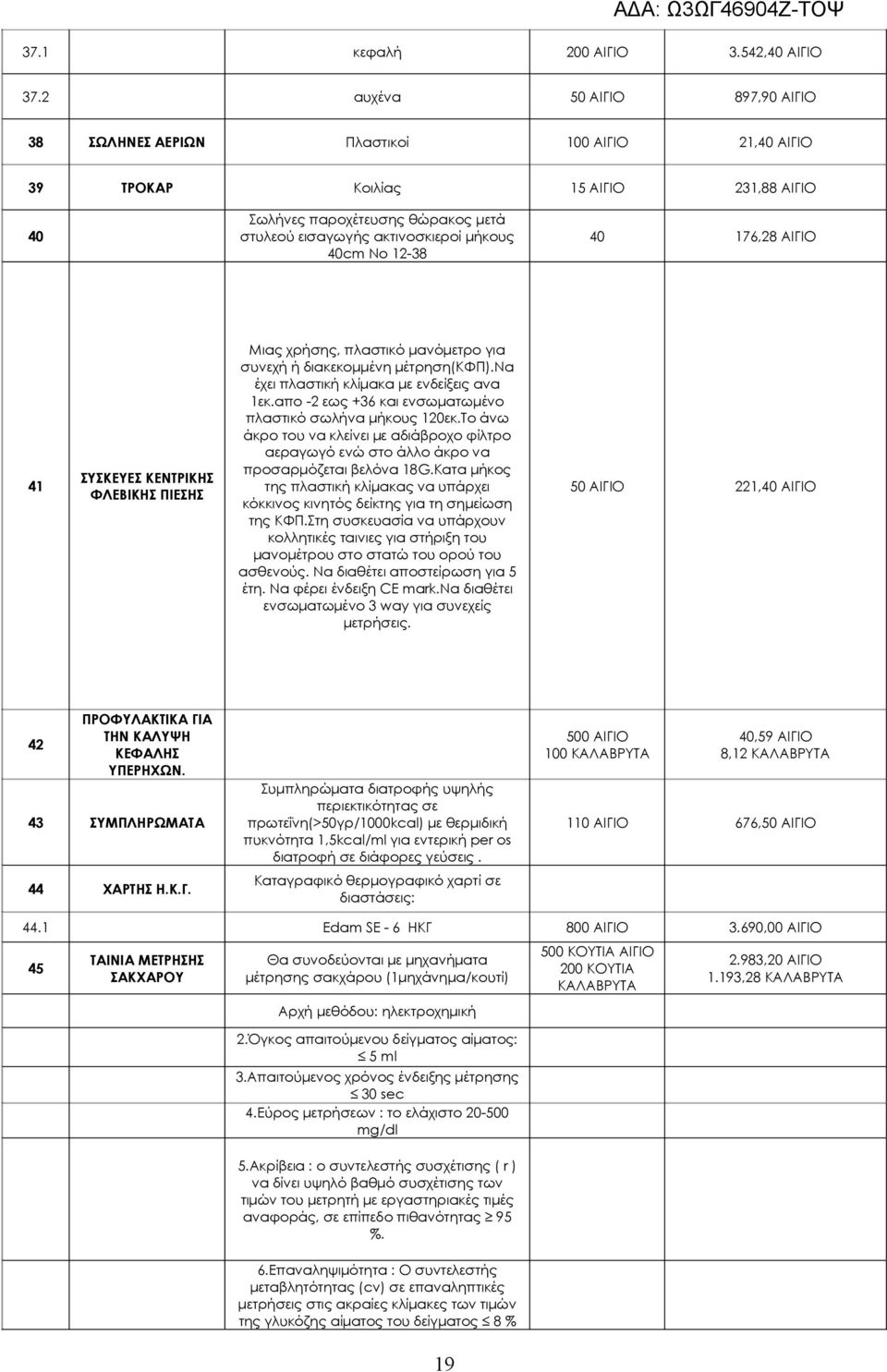 40cm No 12-38 40 176,28 ΑΙΓΙΟ 41 ΣΥΣΚΕΥΕΣ ΚΕΝΤΡΙΚΗΣ ΦΛΕΒΙΚΗΣ ΠΙΕΣΗΣ Μιας χρήσης, πλαστικό μανόμετρο για συνεχή ή διακεκομμένη μέτρηση(κφπ).να έχει πλαστική κλίμακα με ενδείξεις ανα 1εκ.