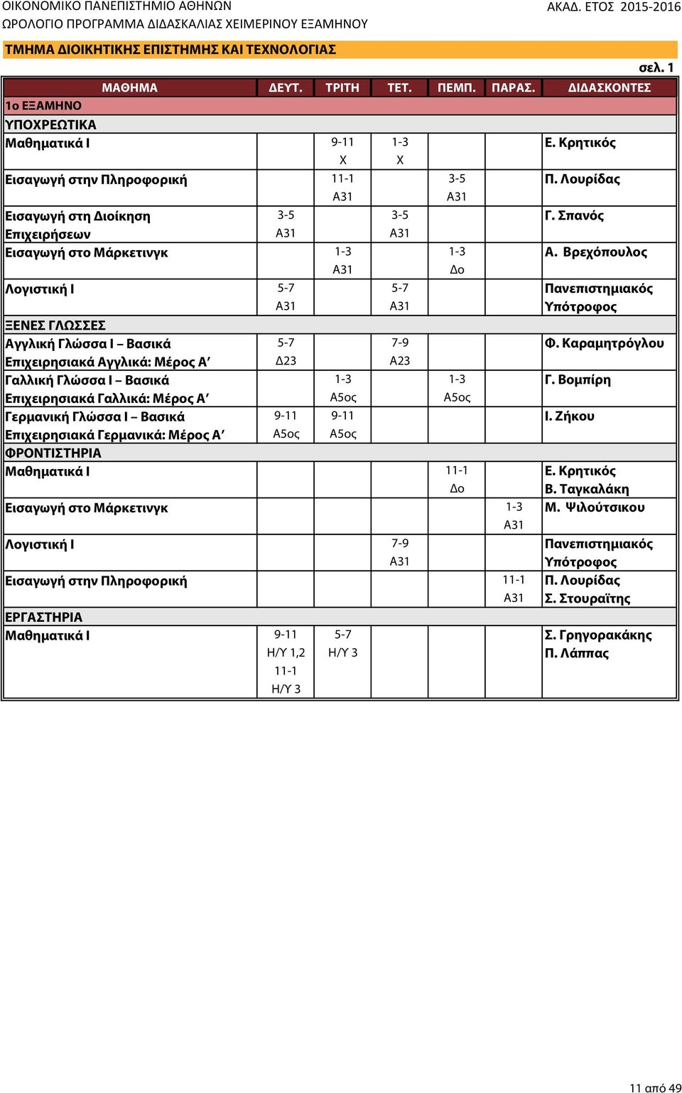 Εισαγωγή στο Μάρκετινγκ Λογιστική Ι Εισαγωγή στην Πληροφορική σελ. 1 9-11 1-3 Ε. Κρητικός 11-1 3-5 Π. Λουρίδας Α31 Α31 3-5 3-5 Γ. Σπανός Α31 Α31 1-3 1-3 Α.