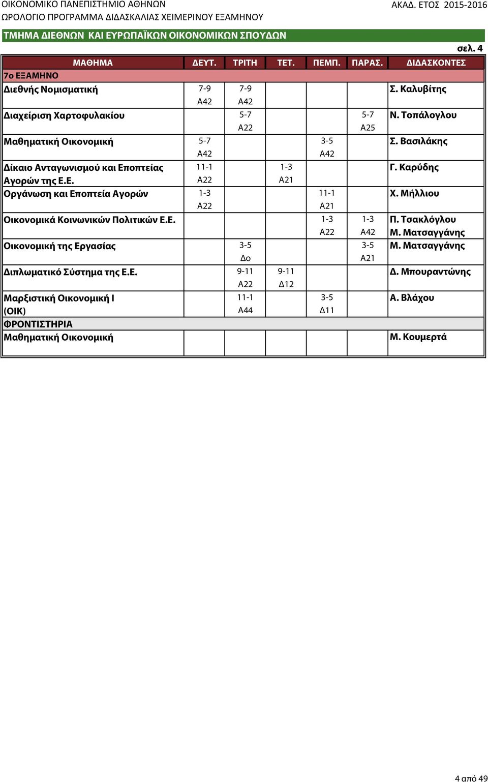 Ε. Οικονομική της Εργασίας Διπλωματικό Σύστημα της Ε.Ε. Μαρξιστική Οικονομική Ι (ΟΙΚ) Μαθηματική Οικονομική 7-9 7-9 Σ. Καλυβίτης Α42 Α42 5-7 5-7 Ν.