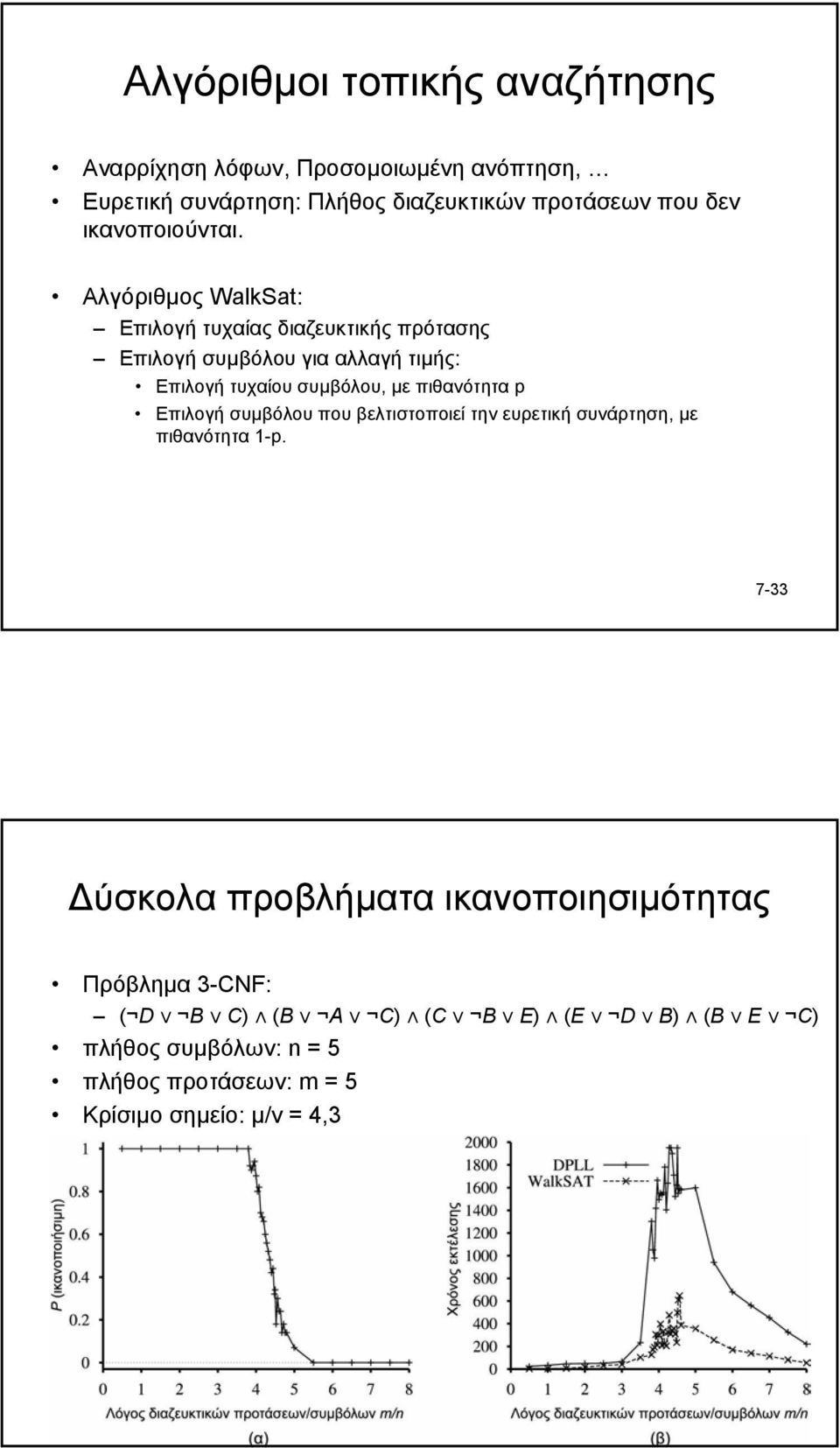 Αλγόριθµος WalkSat: Επιλογή τυχαίας διαζευκτικής πρότασης Επιλογή συµβόλου για αλλαγή τιµής: Επιλογή τυχαίου συµβόλου, µε πιθανότητα