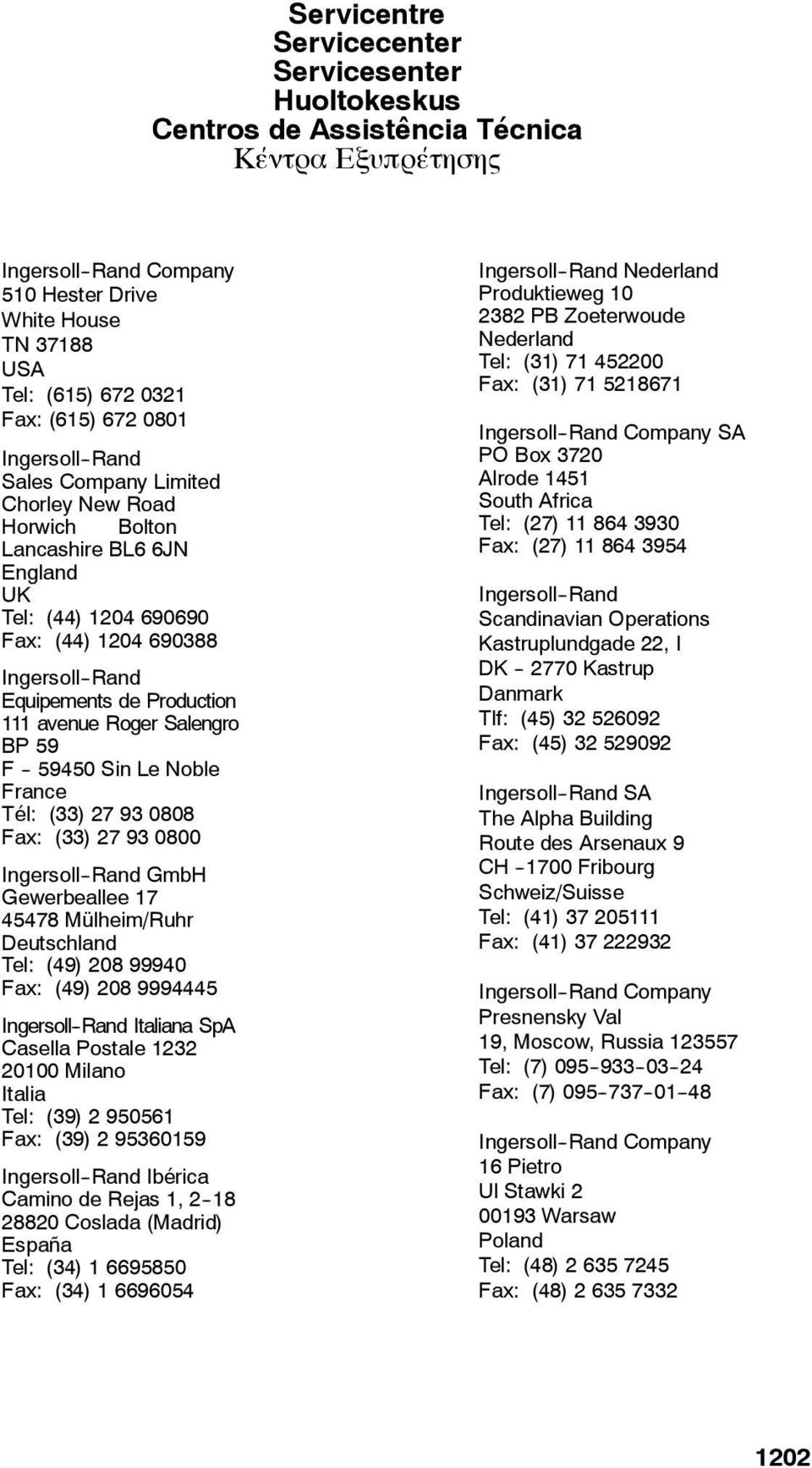 avenue Roger Salengro BP 59 F -- 59450 Sin Le Noble France Tél: (33) 27 93 0808 Fax: (33) 27 93 0800 Ingersoll--Rand GmbH Gewerbeallee 17 45478 Mülheim/Ruhr Deutschland Tel: (49) 208 99940 Fax: (49)
