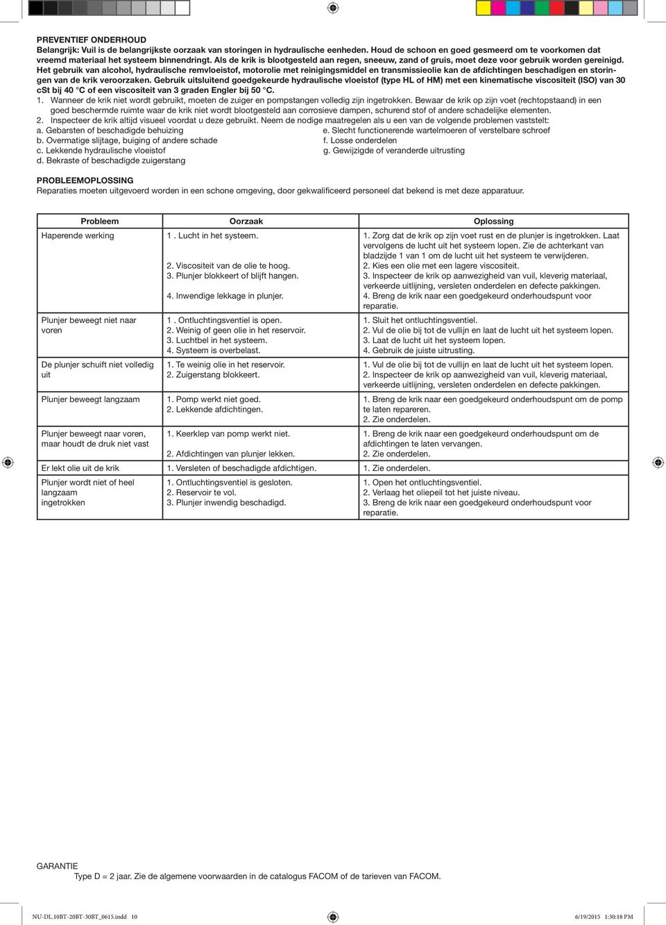 Het gebruik van alcohol, hydraulische remvloeistof, motorolie met reinigingsmiddel en transmissieolie kan de afdichtingen beschadigen en storingen van de krik veroorzaken.