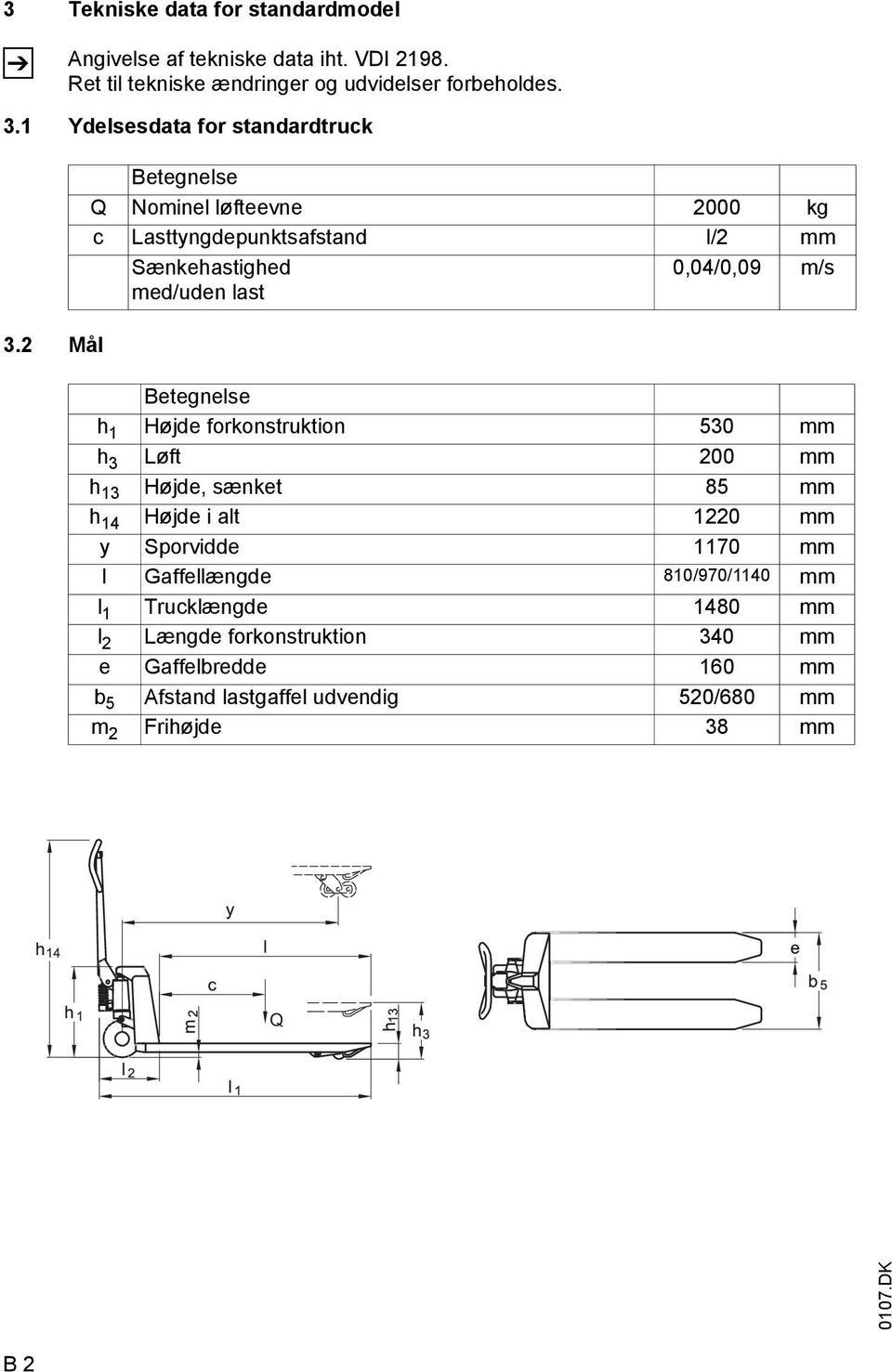 2 Mål Betegnelse Q Nominel løfteevne 2000 kg c Lasttyngdepunktsafstand l/2 mm Sænkehastighed med/uden last 0,04/0,09 m/s Betegnelse h 1 Højde