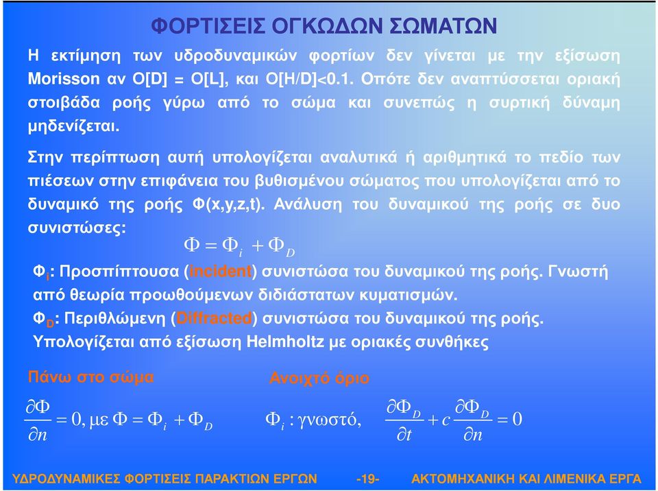 Στην περίπτωση αυτή υπολογίζεται αναλυτικά ή αριθµητικά το πεδίο των πιέσεωνστην στην επιφάνεια του βυθισµένου σώµατος που υπολογίζεται από το δυναµικό της ροής Φ(x,y,z,t).