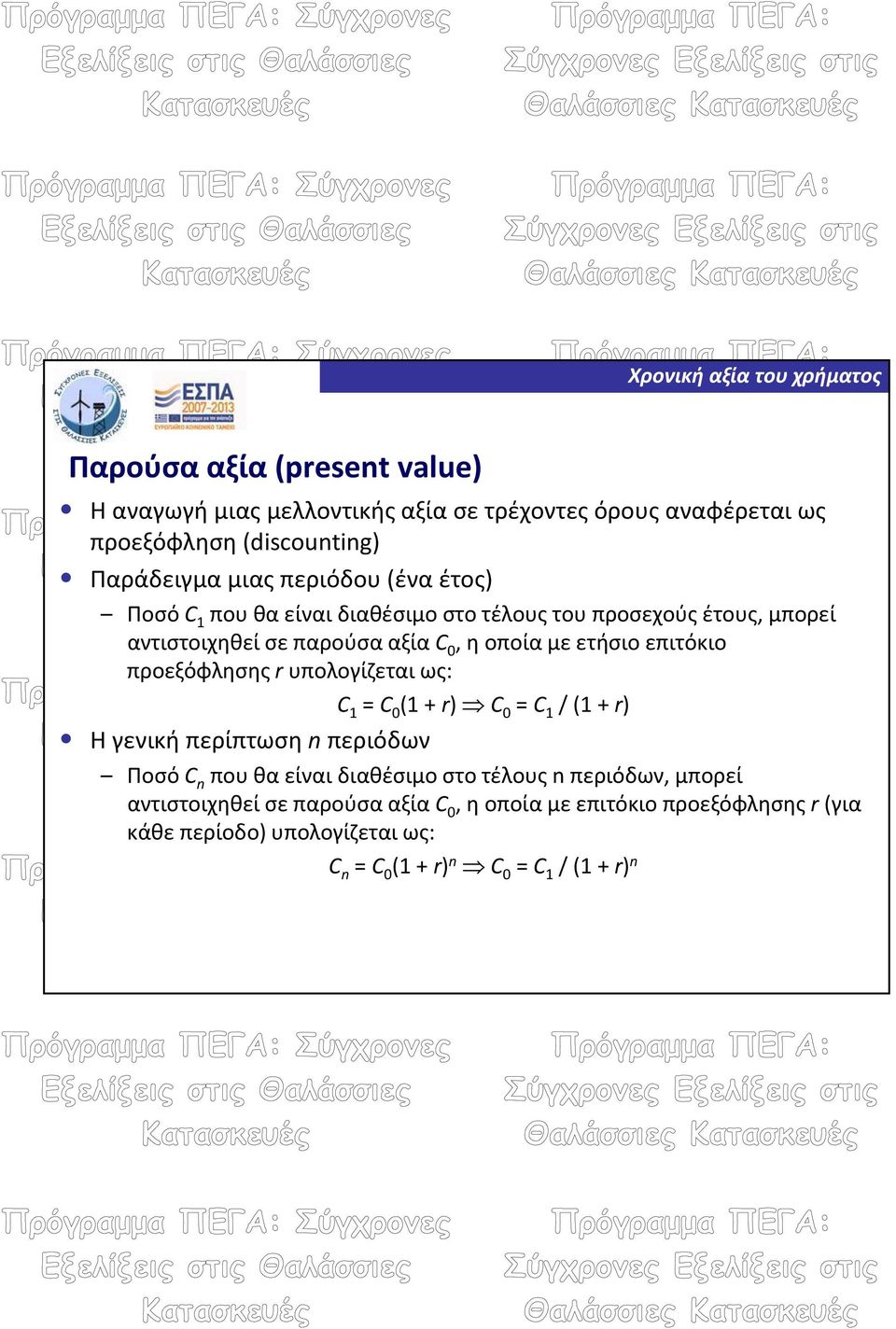 προεξόφλησης r υπολογίζεται ως: C 1 = C 0 (1 + r) C 0 = C 1 / (1 + r) H γενική περίπτωση n περιόδων Ποσό C n που θα είναι διαθέσιμο στο τέλους n