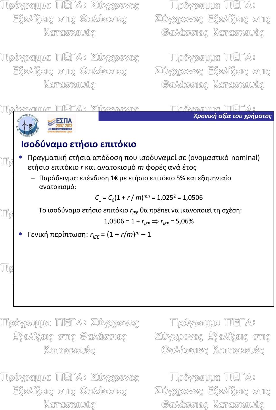 εξαμηνιαίο ανατοκισμό: C 1 = C 0 (1 + r / m) mn = 1,025 2 = 1,0506 To ισοδύναμο ετήσιο επιτόκιο r