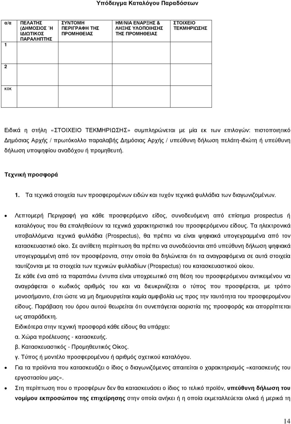 αναδόχου ή προµηθευτή. Τεχνική προσφορά 1. Τα τεχνικά στοιχεία των προσφεροµένων ειδών και τυχόν τεχνικά φυλλάδια των διαγωνιζοµένων.