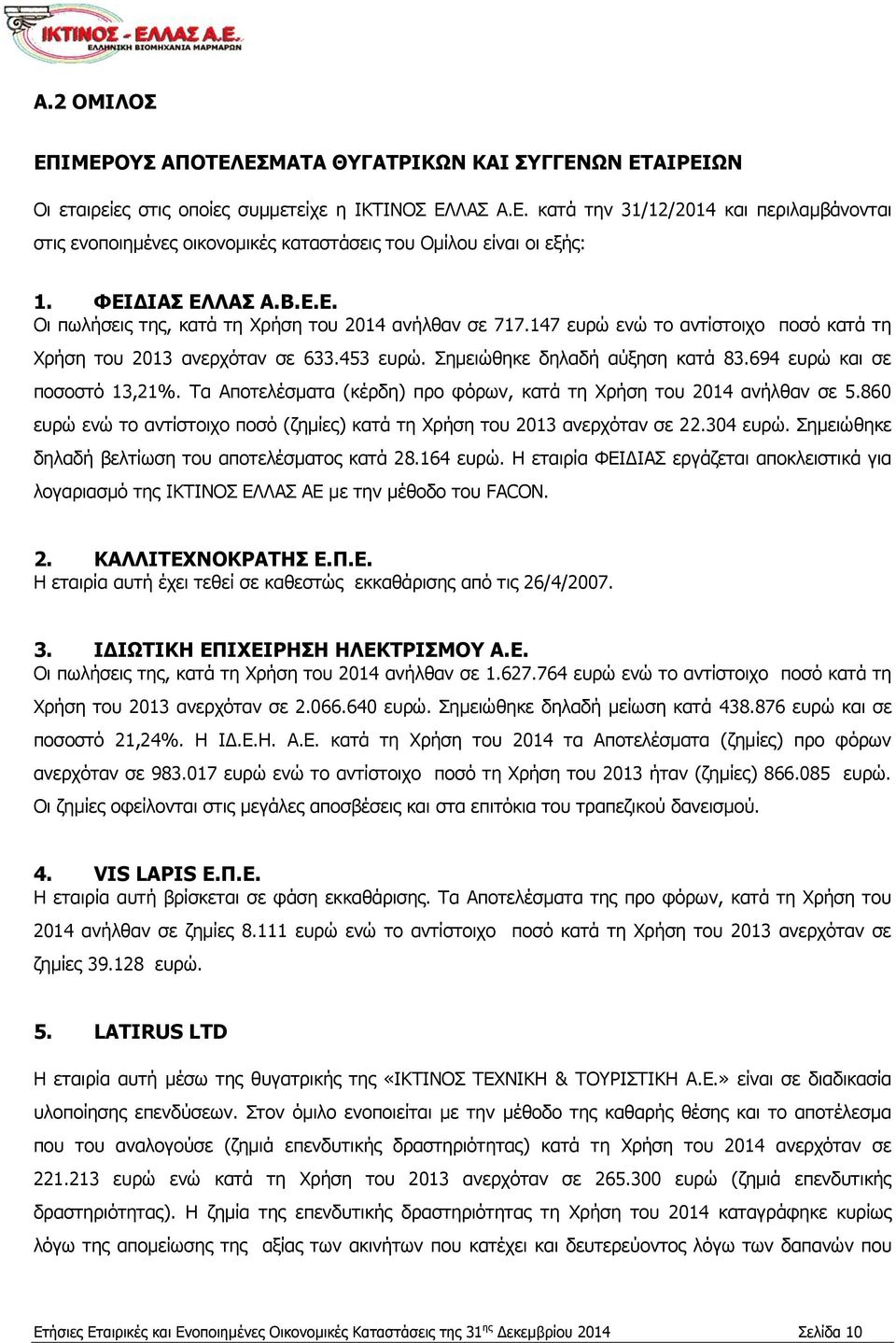 694 ευρώ και σε ποσοστό 13,21%. Τα Αποτελέσματα (κέρδη) προ φόρων, κατά τη Χρήση του 2014 ανήλθαν σε 5.860 ευρώ ενώ το αντίστοιχο ποσό (ζημίες) κατά τη Χρήση του 2013 ανερχόταν σε 22.304 ευρώ.