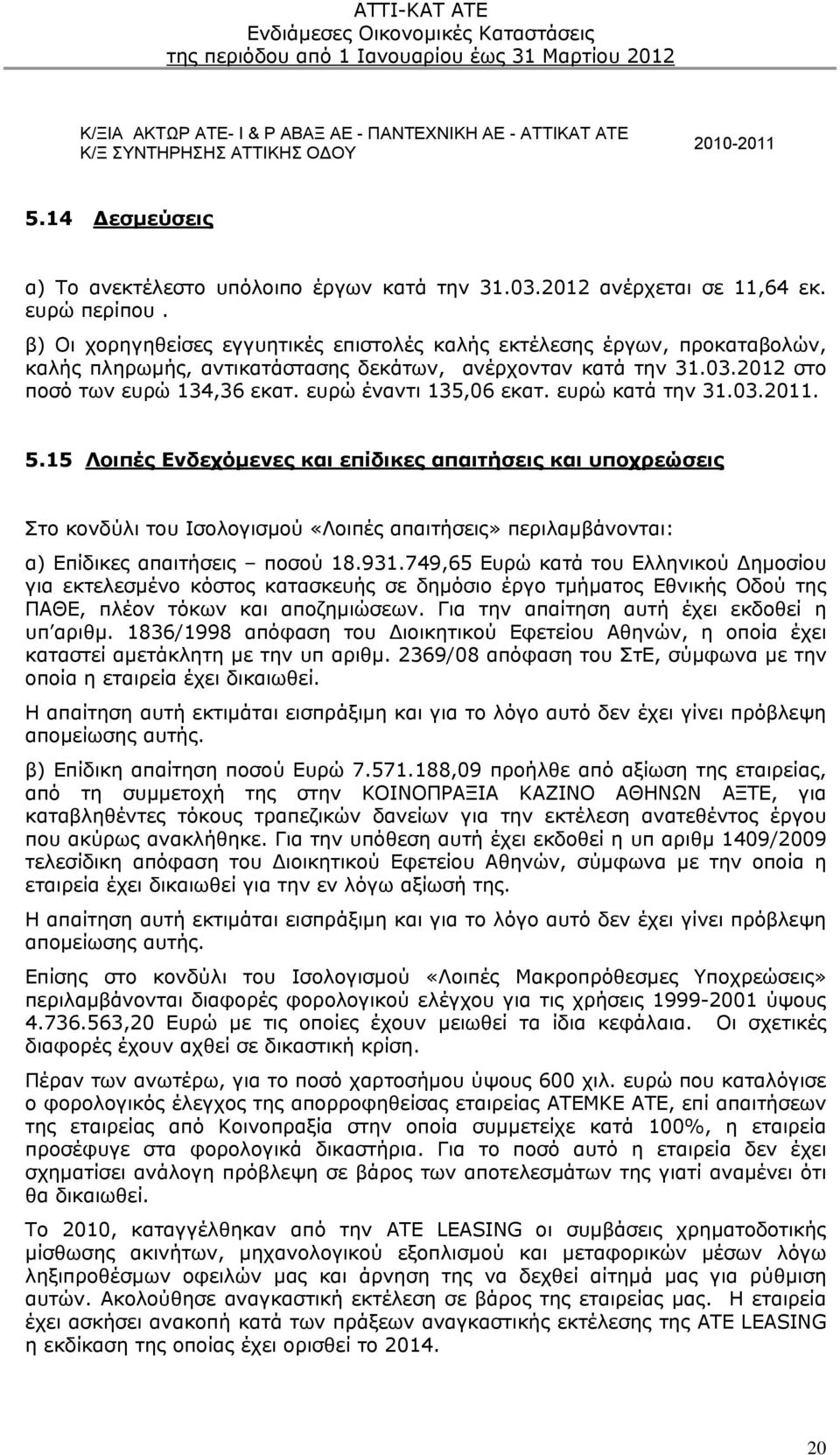 ευρώ έναντι 135,06 εκατ. ευρώ κατά την 31.03.2011. 5.