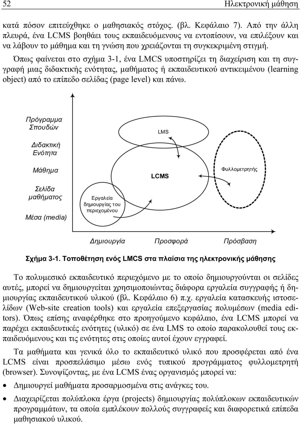 Όπως φαίνεται στο σχήμα 3-1, ένα LMCS υποστηρίζει τη διαχείριση και τη συγγραφή μιας διδακτικής ενότητας, μαθήματος ή εκπαιδευτικού αντικειμένου (learning object) από το επίπεδο σελίδας (page level)