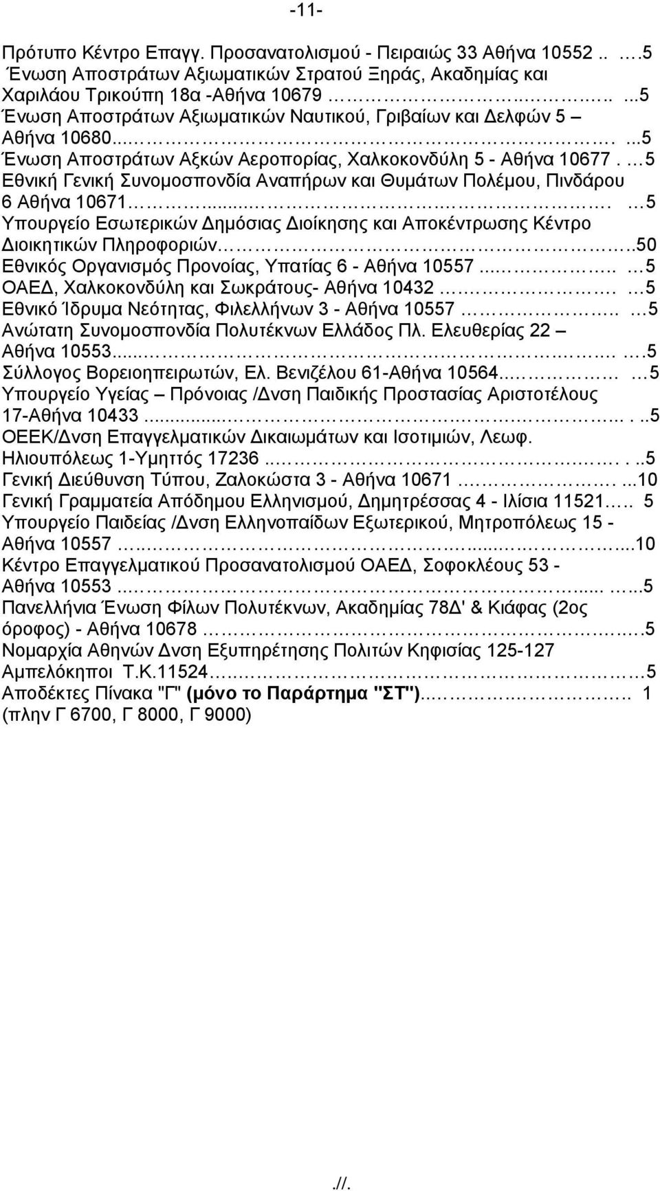 5 Εθνική Γενική Συνομοσπονδία Αναπήρων και Θυμάτων Πολέμου, Πινδάρου 6 Αθήνα 10671..... 5 Υπουργείο Εσωτερικών Δημόσιας Διοίκησης και Αποκέντρωσης Κέντρο Διοικητικών Πληροφοριών.