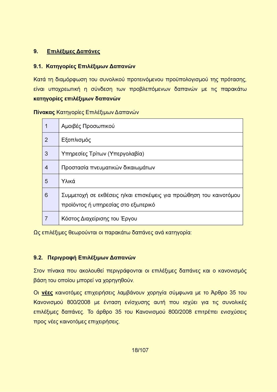 δαπανών Πίνακας Κατηγορίες Επιλέξιμων Δαπανών 1 Αμοιβές Προσωπικού 2 Εξοπλισμός 3 Υπηρεσίες Τρίτων (Υπεργολαβία) 4 Προστασία πνευματικών δικαιωμάτων 5 Υλικά 6 Συμμετοχή σε εκθέσεις η/και επισκέψεις