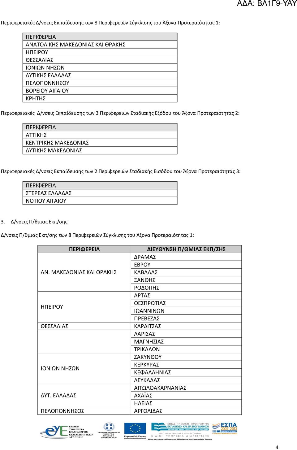 Δ/νσεις Εκπαίδευσης των 2 Περιφερειών Σταδιακής Εισόδου του Άξονα Προτεραιότητας 3: ΠΕΡΙΦΕΡΕΙΑ ΣΤΕΡΕΑΣ ΕΛΛΑΔΑΣ ΝΟΤΙΟΥ ΑΙΓΑΙΟΥ 3.