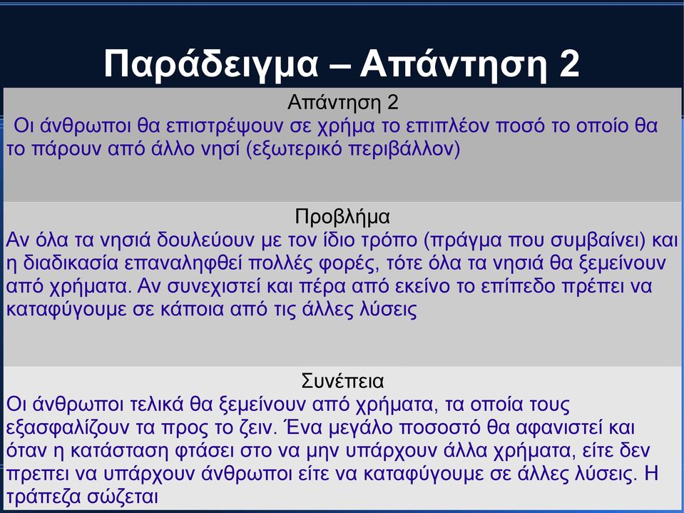 Αν συνεχιστεί και πέρα από εκείνο το επίπεδο πρέπει να καταφύγουμε σε κάποια από τις άλλες λύσεις Συνέπεια Οι άνθρωποι τελικά θα ξεμείνουν από χρήματα, τα οποία τους