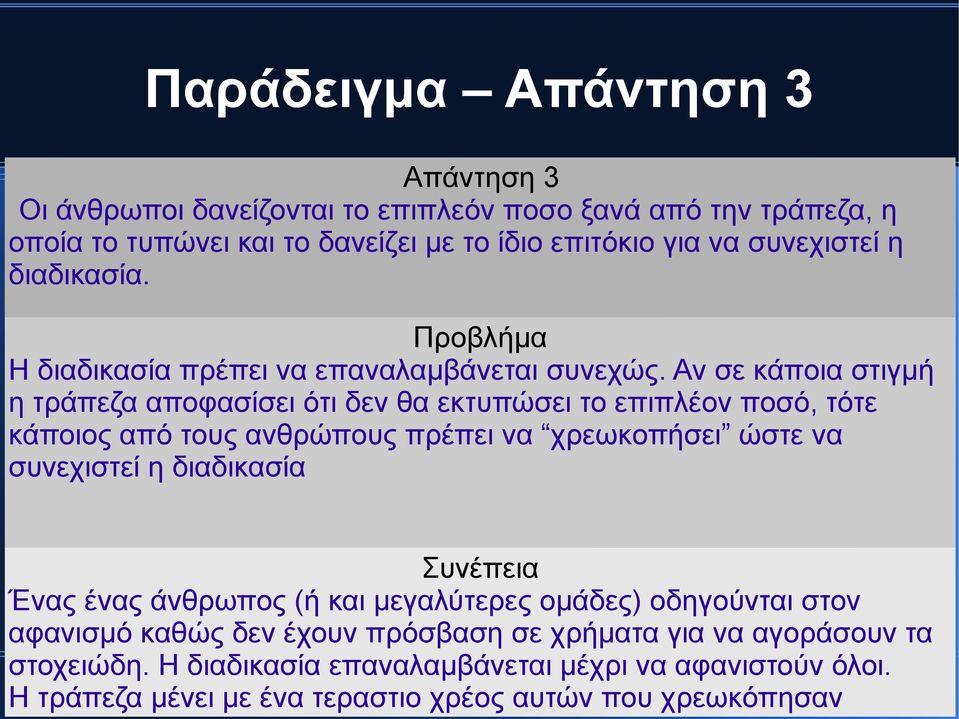 Αν σε κάποια στιγμή η τράπεζα αποφασίσει ότι δεν θα εκτυπώσει το επιπλέον ποσό, τότε κάποιος από τους ανθρώπους πρέπει να χρεωκοπήσει ώστε να συνεχιστεί η διαδικασία