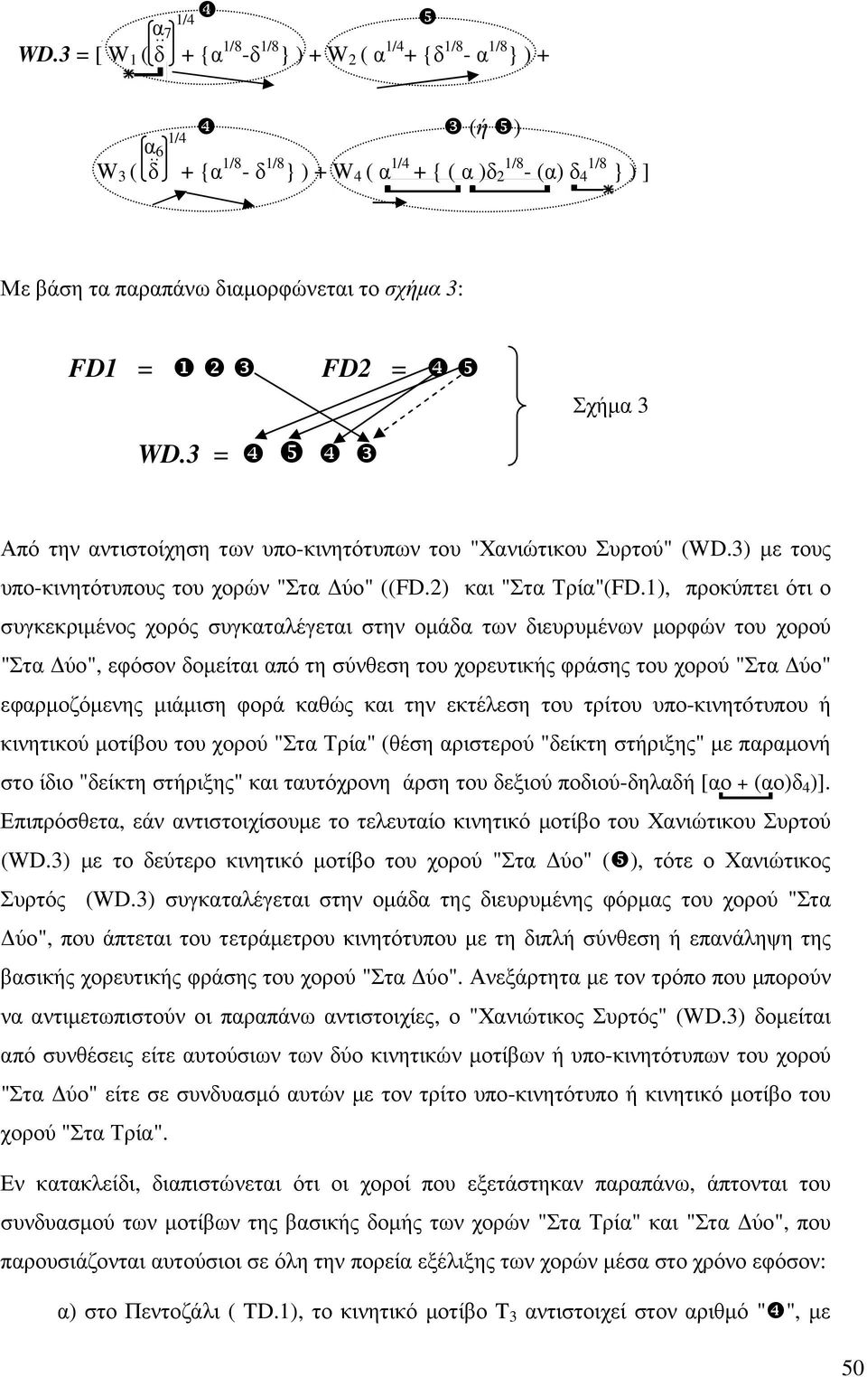 διαµορφώνεται το σχήµα 3: FD1 = ❶ ❷ ❸ FD2 = ❹ ❺ Σχήµα 3 WD.3 = ❹ ❺ ❹ ❸ Από την αντιστοίχηση των υπο-κινητότυπων του "Χανιώτικου Συρτού" (WD.3) µε τους υπο-κινητότυπους του χορών "Στα ύο" ((FD.