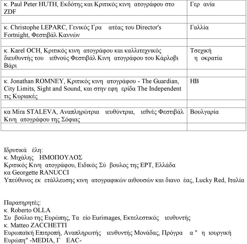 Jonathan ROMNEY, Κριτικός κινηματογράφου - The Guardian, City Limits, Sight and Sound, και στην εφημερίδα The Independent τις Κυριακές κα Mira STALEVA, Αναπληρώτρια Διευθύντρια, Διεθνές Φεστιβάλ