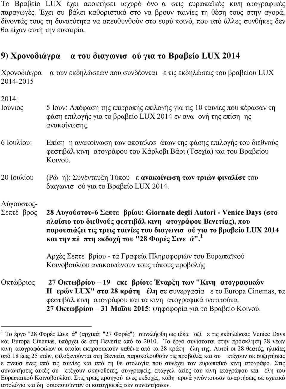 9) Χρονοδιάγραμμα του διαγωνισμού για το Βραβείο LUX 2014 Χρονοδιάγραμμα των εκδηλώσεων που συνδέονται με τις εκδηλώσεις του βραβείου LUX 2014-2015 2014: Ιούνιος 5 Ιουν: Απόφαση της επιτροπής