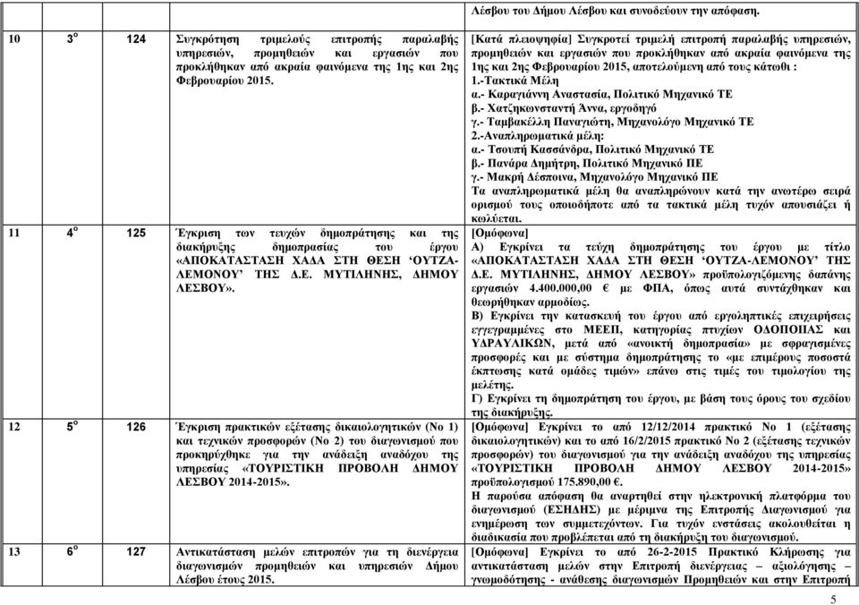 11 4 ο 125 Έγκριση των τευχών δημοπράτησης και της διακήρυξης δημοπρασίας του έργου «ΑΠΟΚΑΤΑΣΤΑΣΗ ΧΑΔΑ ΣΤΗ ΘΕΣΗ ΟΥΤΖΑ- ΛΕΜΟΝΟΥ ΤΗΣ Δ.Ε. ΜΥΤΙΛΗΝΗΣ, ΔΗΜΟΥ ΛΕΣΒΟΥ».