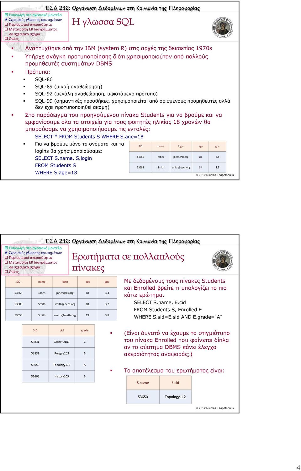 πίνακα Students γιαναβρούμεκαινα εμφανίσουμε όλα τα στοιχεία για τους φοιτητές ηλικίας 18 χρονών θα μπορούσαμε να χρησιμοποιήσουμε τις εντολές: SELECT * FROM Students S WHERE S.