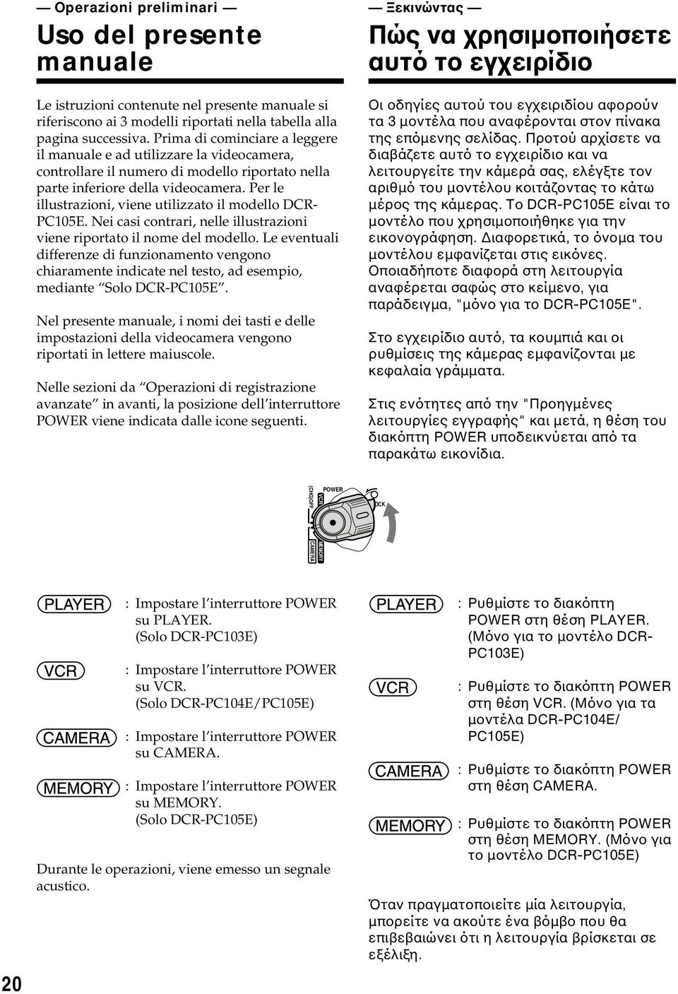 Per le illustrazioni, viene utilizzato il modello DCR- PC105E. Nei casi contrari, nelle illustrazioni viene riportato il nome del modello.