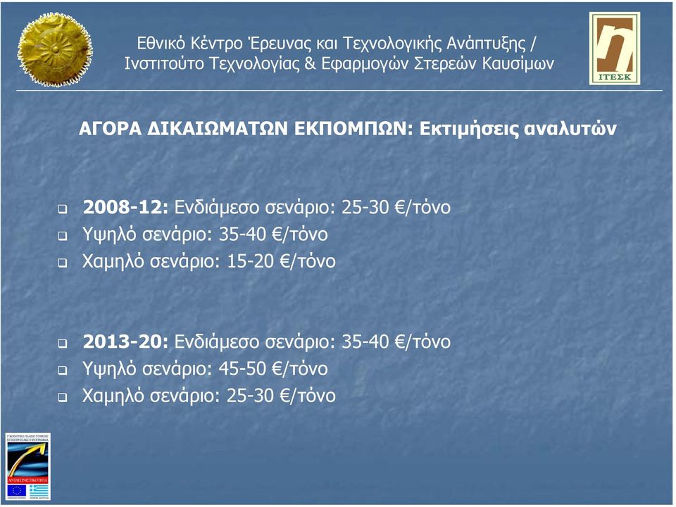 Χαµηλό σενάριο: 15-20 /τόνο 2013-20: Ενδιάµεσο σενάριο: