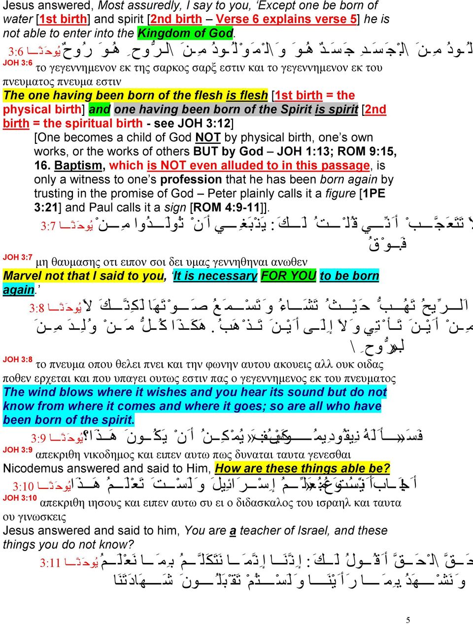 flesh is flesh [1st birth = the physical birth] and one having been born of the Spirit is spirit [2nd birth = the spiritual birth - see JOH 3:12] [One becomes a child of God NOT by physical birth,