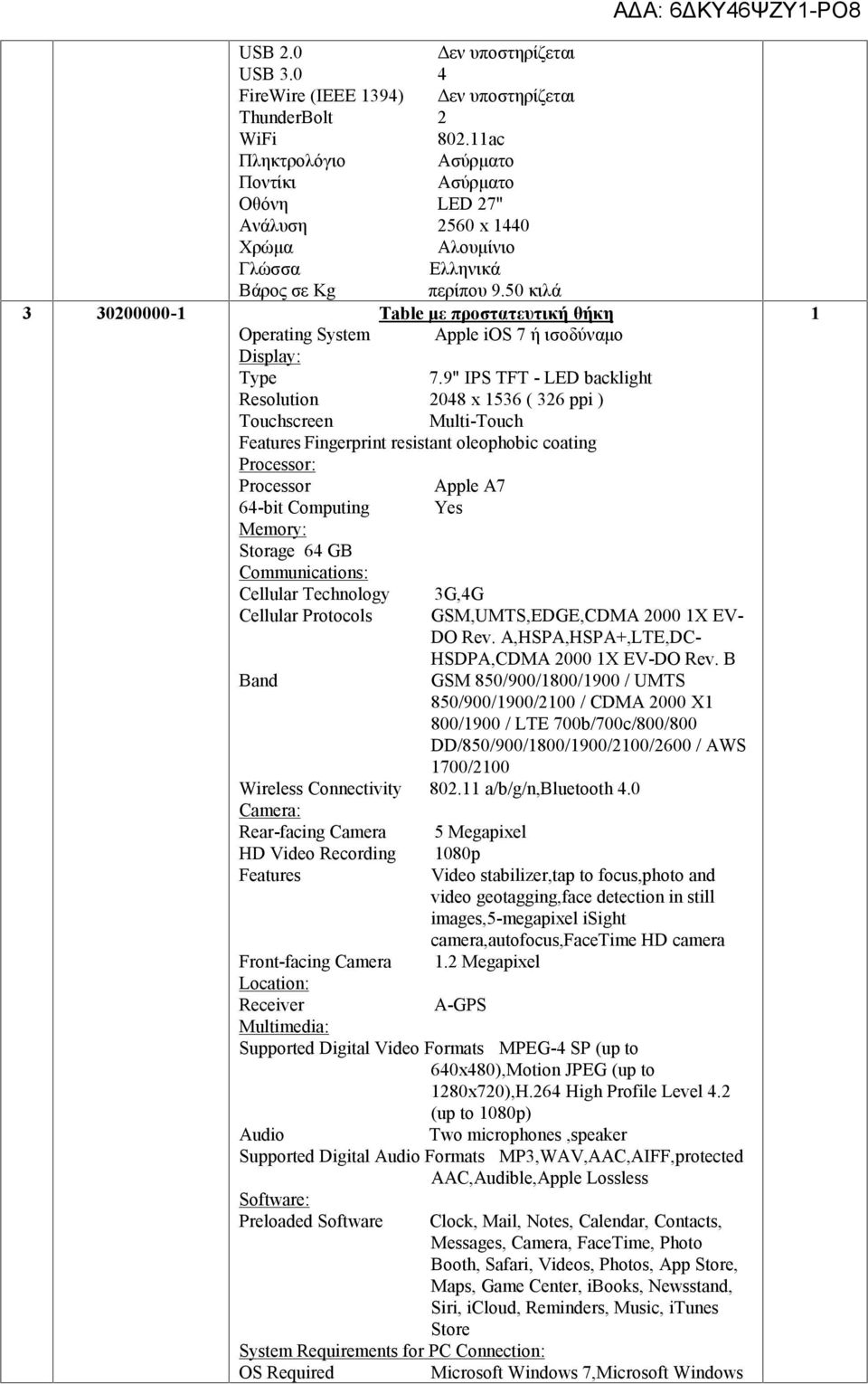 50 κιλά 3 30200000-1 Table με προστατευτική θήκη Operating System Apple ios 7 ή ισοδύναμο Display: Type 7.