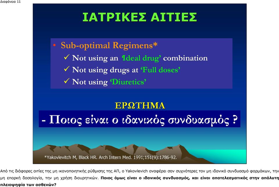 Από τις διάφορες αιτίες της µη ικανοποιητικής ρύθµισης της ΑΠ, ο Yakovlevich αναφέρει σαν συχνότερες τον µη ιδανικό συνδυασµό