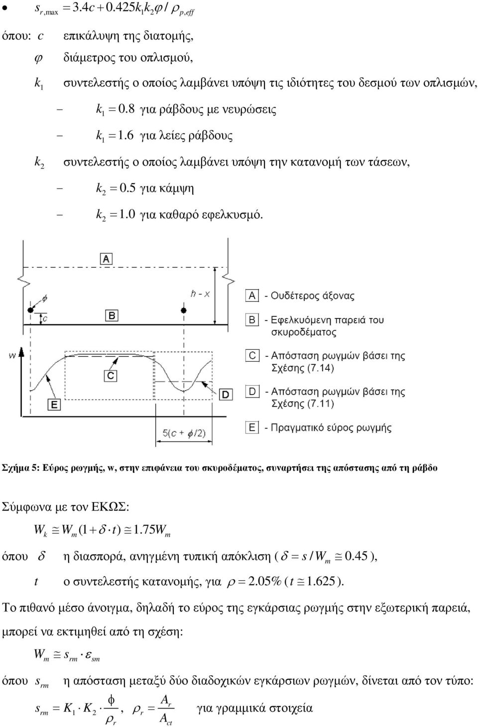 Σχήµα 5: Εύρος ρωγµής, w, την επιφάνεια του κυροδέµατος, υναρτήει της απόταης από τη ράβδο Σύµφωνα µε τον ΕΚΩΣ: W W (1 + δ t) 1.75W k m m όπου δ η διαπορά, ανηγµένη τυπική απόκλιη ( δ = / W m 0.