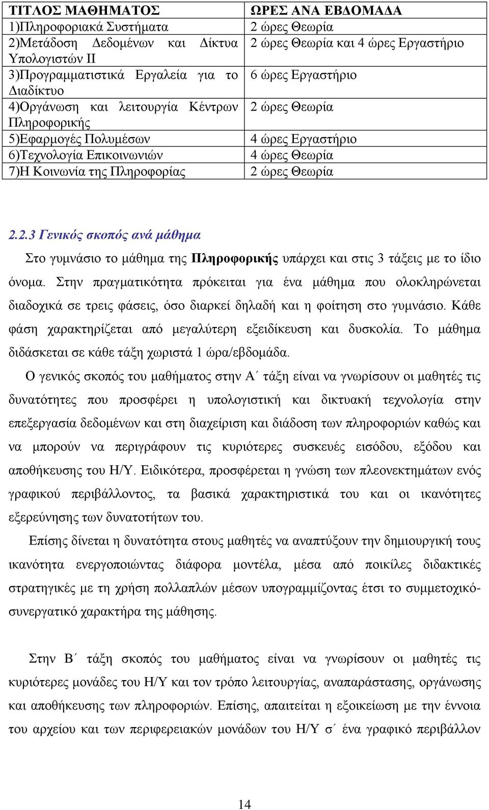 Θεωρία 2.2.3 Γενικός σκοπός ανά μάθημα Στο γυμνάσιο το μάθημα της Πληροφορικής υπάρχει και στις 3 τάξεις με το ίδιο όνομα.