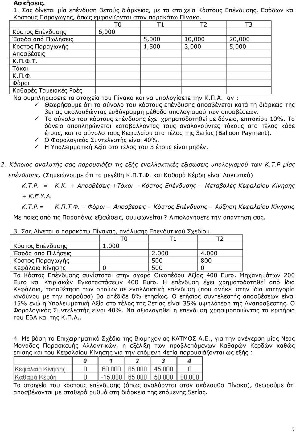 Τ. Τόκοι Κ.Π.Φ. Φόροι Καθαρές Ταµειακές Ροές Να συµπληρώσετε τα στοιχεία του Πίνακα και να υπολογίσετε την Κ.Π.Α.