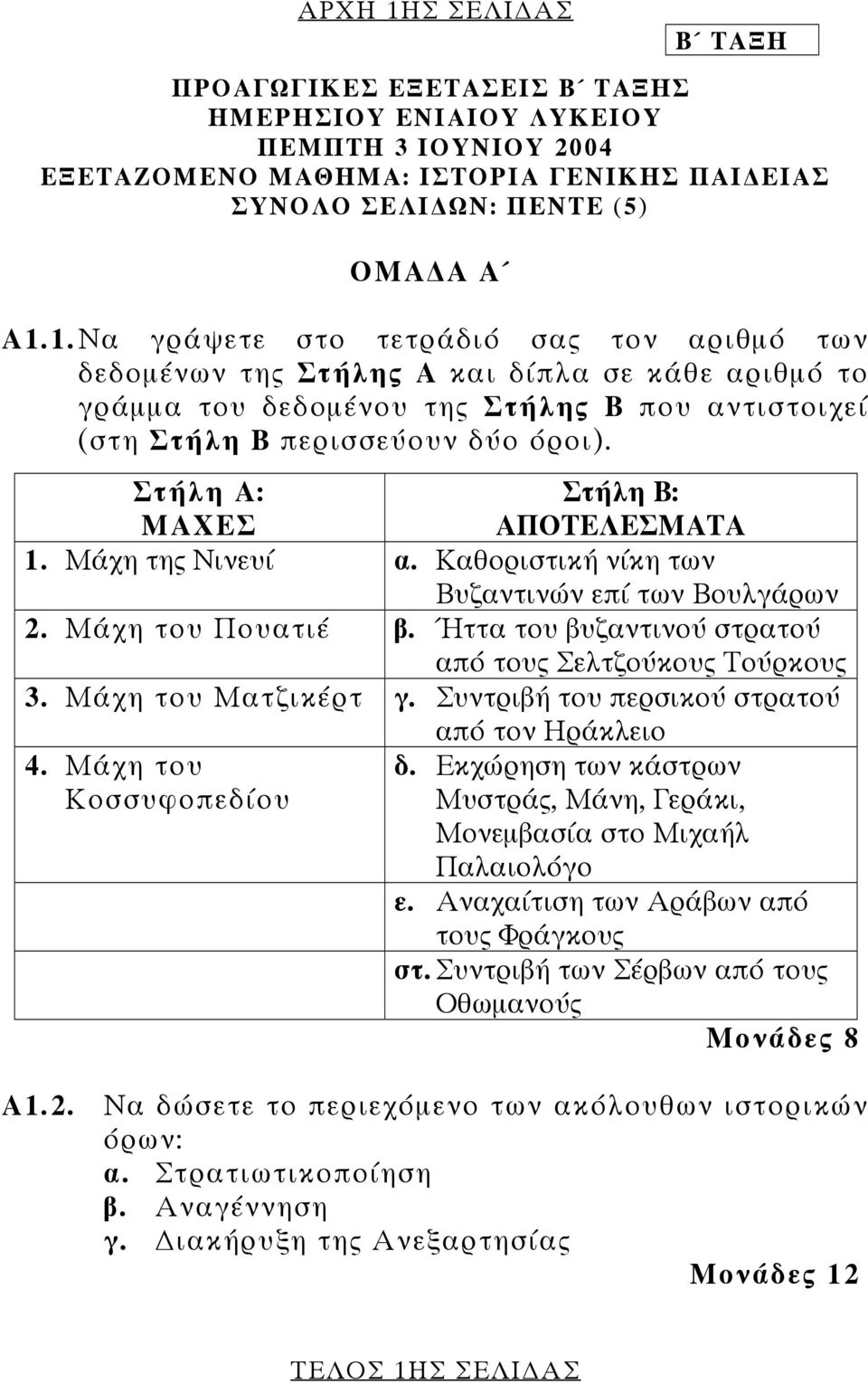 Μάχη του Ματζικέρτ γ. Συντριβή του περσικού στρατού από τον Ηράκλειο 4. Μάχη του Κοσσυφοπεδίου δ. Εκχώρηση των κάστρων Μυστράς, Μάνη, Γεράκι, Μονεµβασία στο Μιχαήλ Παλαιολόγο ε.