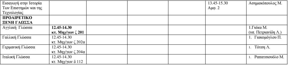 Μηχ/γων ζ 202α Γερμανική Γλώσσα κτ. Μηχ/γων ζ 204α Ιταλική Γλώσσα κτ.