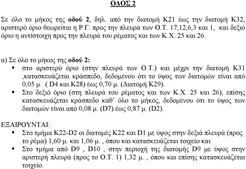 ) και μέχρι την διατομή Κ31,κατασκευάζεται κράσπεδο, δεδομένου ότι το ύψος των διατομών είναι από 0,05 μ. ( D4 και Κ28) έως 0,70 μ. (Διατομή Κ29). Στο δεξιό όριο (στη πλευρά του ρέματος και των Κ.Χ.