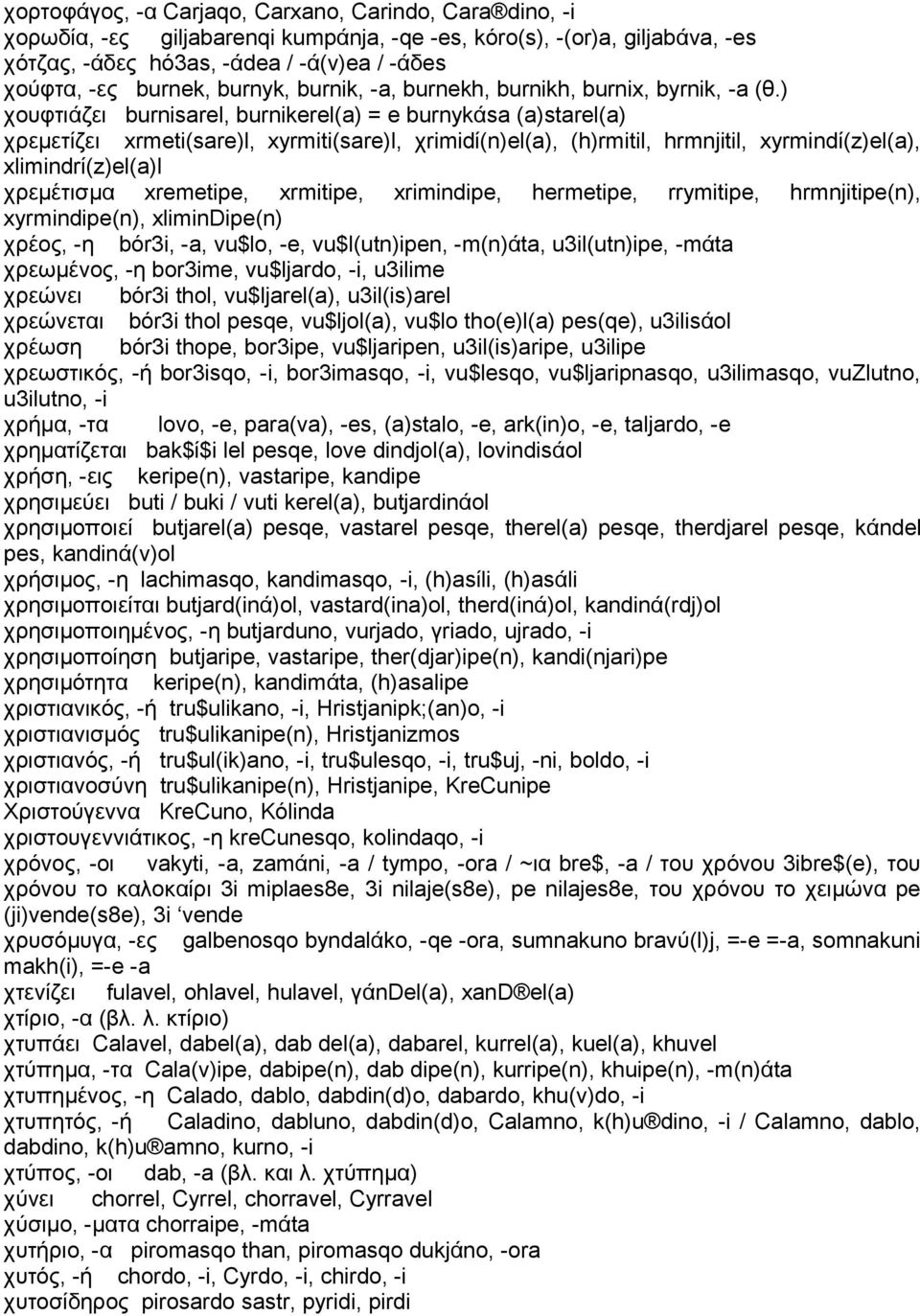 ) χουφτιάζει burnisarel, burnikerel(a) = e burnykάsa (a)starel(a) χρεμετίζει xrmeti(sare)l, xyrmiti(sare)l, χrimidί(n)el(a), (h)rmitil, hrmnjitil, xyrmindί(z)el(a), xlimindrί(z)el(a)l χρεμέτισμα