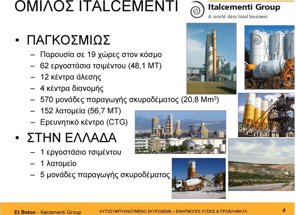 ΜΤ) Ερευνητικό κέντρο (CTG) ΣΤΗΝ ΕΛΛΑ Α 1 εργοστάσιο τσιµέντου 1 λατοµείo 5 µονάδες παραγωγής